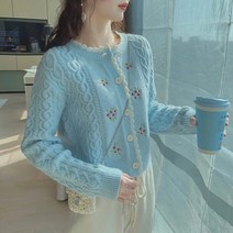 꽃자수 명품 여성 가디건 가 달콤한 물결 모양의 가장자리 트위스트 프레피 스타일 느슨한 카디건 스웨터 어 넥 꽃 자수 블루 화이트 니트 스웨터