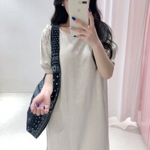 에이치스 봉긋 셔링 퍼프 소매 린넨 반팔 원피스