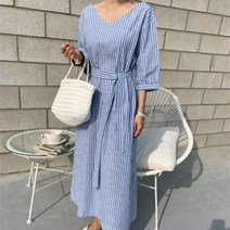 모찌봉 / [빠른배송] 5부소매 스트라이프 롱원피스