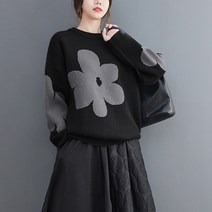 도오빠 유이리 여성 니트 티셔츠 라운드 스웨터 꽃무늬 긴팔 니트티 가을 겨울 여자니트티 프리사이즈