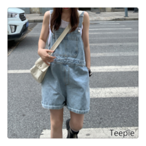 티피/Teepie여성 여름 심플 캐주얼 슬랙스 솔리드 슬림 5부 일자 데님 멜빵 반바지