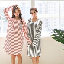 여자 세로 스트라이프 빅 레터링 언발 원피스 잠옷
