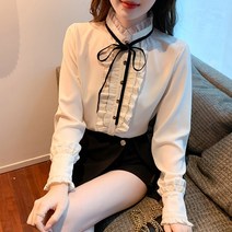 봄 궁중풍 리본 블라우스 여 디자인 느낌의 쁘띠 기질 긴팔 시크 탑