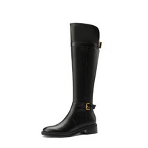 여성 롱 부츠 가죽 새로운 승마 진짜 메드 힐 버클 두꺼운 힐 지퍼 브라운 빅 사이즈