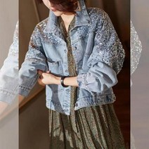 숏 여성 경량 패딩 블루 짧은 스팽글 포켓 데님 자켓 캐주얼 봄 가을 새로운 느슨한 패션 청바지 긴 소매 코트