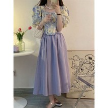 하객룩투피스 하이틴룩 봄 셋업 스위트 로맨틱 퍼플 투피스 드레스 세트여성 퍼프 슬리브 칼라 탑스 스커트 의상 여름