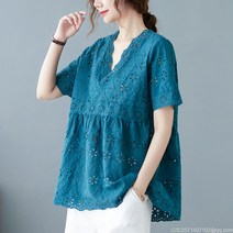 라오농 여름신상 뚱뚱한 MM배냇저고리루즈빅사이즈V넥중장비수블라우스여 펀칭상의+KUU04X