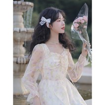 Lingjiu 2023 새로운 긴팔 프랑스 복고풍 중간 길이 꽃 무늬 치마 디자인 감각 틈새 분위기 드레스 여성 봄