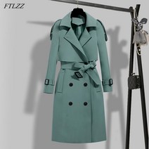 ftlzz 가을 겨울 우아한 여성 더블 브레스트 솔리드 트렌치 코트 빈티지 턴 다운 칼라 따뜻한 벨트