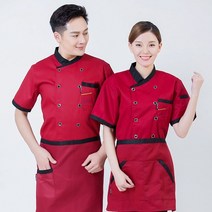 셰프 조리복 요리사 유니폼 여름 통기성 레스토랑 남자 카페 주방 웨이터 더블 브레스트 스시 베이커리 케이터링 요리 의류, 03 red, 2XL