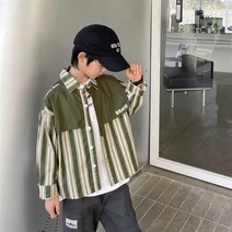 초등남아 스트라이프 남방 스쿨룩 오버핏 긴팔 셔츠 그린 스티치 캐주얼 단추 티셔츠