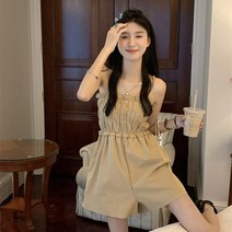 여성 여름 점프슈트 바디슈트 Hot girl suspender jumpsuit women& su er 의 허리 슬림 플리츠 레그 캐주얼 반바지