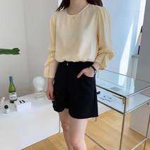 뒷리본 퍼프소매 라운드넥 긴팔 하객 블라우스