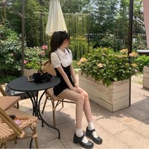 여름 원피스 여 셔츠 리본 페이크 투피스 느낌 버블 반팔 키 작은 멜빵 힙색 스커트