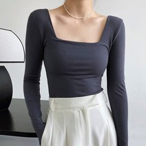 아이엠몽 여성 스퀘어넥 얇은 슬림핏 무지 심플 티셔츠 츄하