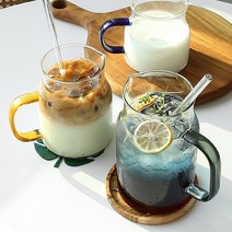 내열 칼라 손잡이 저그 유리컵, 블루 400ml