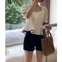 프로아 펀칭 레이스 스퀘어넥 배색 퍼프 블라우스