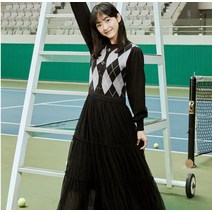 SI (씨)22F/W 아가일 패턴 니트 메쉬 프릴 원피스 (SFOCX2905)