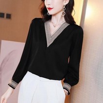 코발트 블루 셔츠 파란색 블라우스 남방 난방 패션 v 넥 자수 속이 빈 위엄 있는 여름 가을 단색 의류