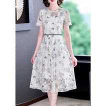 네이워에스엔 여자 여름 반팔 슬림핏 라운드넥 허리라인 레이스 플라워 원피스 2가지컬러