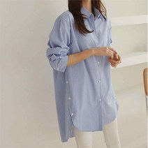 긴팔 스트라이프 코튼 오버핏 단추 버튼 롱 셔츠 면 원피스