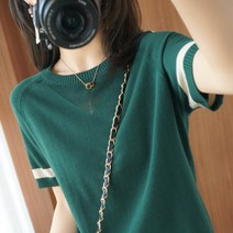 펀칭 얇은 니트 여 배색 상의 루즈핏 반팔 티셔츠 블라우스 디자인 소소한 반팔 티셔츠