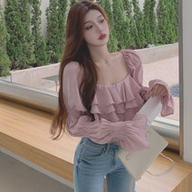 긴팔블라우스 프렌치 퍼프 여성 가을 일자 페플럼 상패 디자인 핑크 긴소매 상의 2582029955