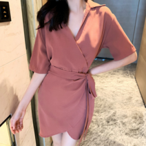 허니비 토미 언발 랩 브이넥 셔츠 원피스(2col)
