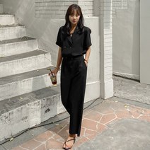 여성용 더블버튼 브이넥카라 점프수트