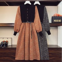 실사 빅사이즈 여성 가을 페이크 투피스 날씬해 보이는 니트 플라워 원피스 배꼽 오버핏 롱치마