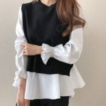 리본 여자 코듀로이 셔츠 루즈핏 롱 숏 흰색블라우스 가을 화이트 긴 소매 블랙 ONeck 풀오버 민소매 조끼 Office 캐주얼 니트 세트
