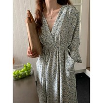쉬폰롱원피스 잔꽃 긴팔 브이넥 플라워패턴 오버핏 셔링 허리스트링 맥시 여신드레스