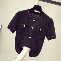 Makone 여름 여성용반팔니트 금장장식 반팔티 고급 반팔티셔츠 여름니트셔츠 반팔 티셔츠