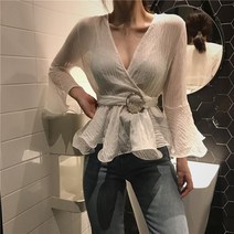로즈드림 KB 봄신상간절기여성복고풍세련된프릴허리슬리밍랩블라우스셔츠