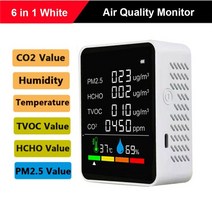 공기질측정기 pm2.5 pm10 hcho tvoc co co2 미터 디지털 온도 습도 테스터 lcd 이산화탄소 감지기 공기 품질 모니터, 6 in 1 화이트 b