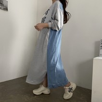 [비비애르] 반전 데님 패치 맨투맨 롱 원피스 중청 맥시기장 유니크한 청원피스