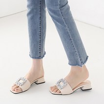 벨루치슈즈 크리스탈 보석 스퀘어 큐빅장식 여성 통굽 샌들 뮬 슬리퍼 3cm