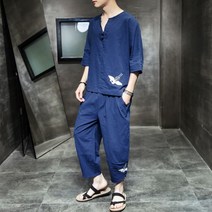 남성 브이넥 7부 와이드 학 개량 퓨전 한복 세트 절복 면마소재 투피스 린넨 바지 한벌