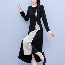 넷투넷코리아 여성 라운드넥 A라인 미디원피스 배색 데일리 하객룩