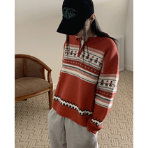 알론 노르딕 패턴 카드 병정 반집업 니트