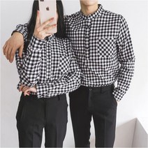 [] 남자 여자 커플 시밀러룩 여행 헨리넥 체크 셔츠