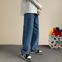 스트리트웨어 배기 청바지 남성용 패션 루즈 스트레이트 와이드 레그 팬츠 남성 의류 블랙 라이트 블루