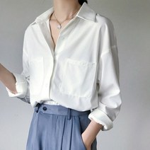 퍼프소매 블라우스 벌룬 셔츠 봄 쉬폰 포켓 화이트 여성 루즈핏 스타일