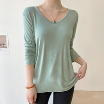 데일리앤 켄지 여성 레이온 무지 긴팔 유넥 티셔츠