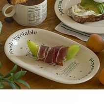 레터링 세라믹 레트로 식기세트 오발접시 스프볼 머그 샐러드접시, 옐로우 오발접시