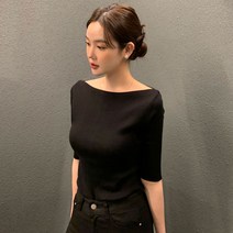 [에이진] 보트넥 5부 반팔 니트 티셔츠