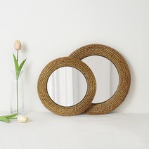 천연 라탄소재 벽거울 원형 벽걸이 우드 거울 엔틱 장식 2size, 라탄 원형 벽걸이 거울(M)