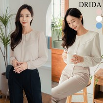 [드리다] 여자 봄 이중 빅카라 쉬폰 긴팔 흰 화이트 정장 블라우스 40-50대 여성 미시