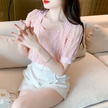 여름 프렌치 스퀘어넥 레이스 상의 여벌룬 블라우스 셔츠 시크한 블라우스