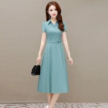 예복원피스 아나운서 빅사이즈 솔리드 미디 셔츠 드레스 여성용 한국 패션 우아한 라펠 새시 짧은 소매